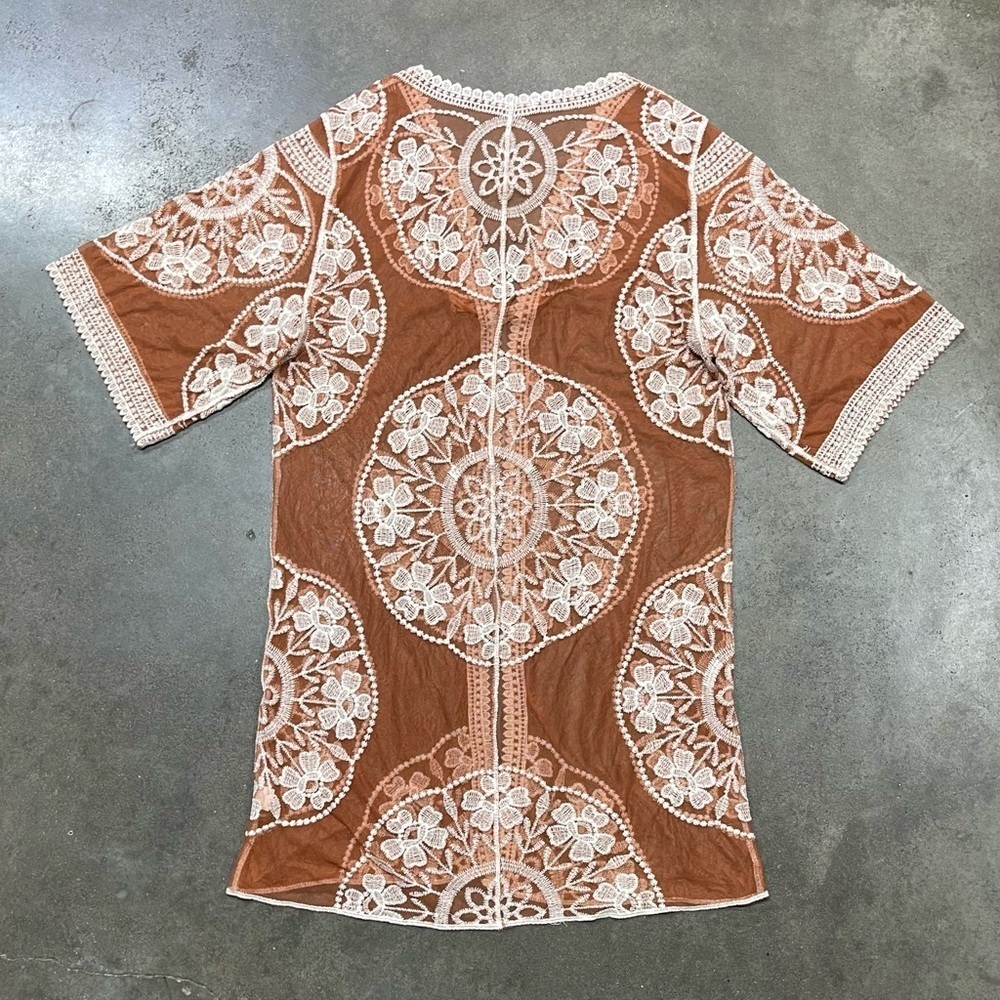 Ana & Rose Floral Copper Sheer Lace Open Front Kimono Duster Cardigan Boho - Picture 7 of 11
